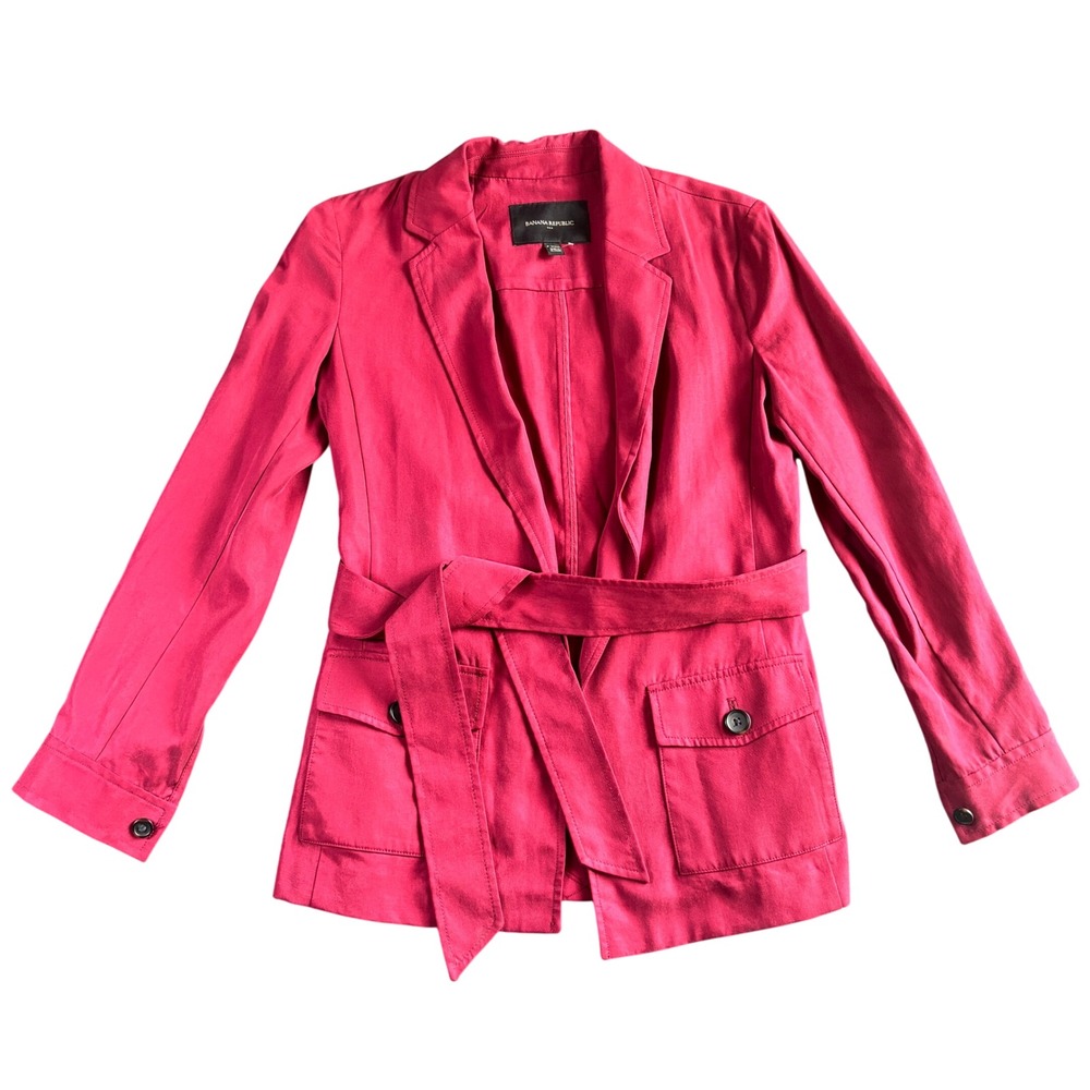 Banana Republic Womens Petite XXS Magenta Pink Lyocell‎ Belted Safari Blazer